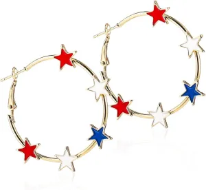 4th of July Gifts Red White Blue Star Circle Hoop Earrings for Women Independent Day Glitter Dangle Earring American Flag Patriotic Holiday Memorial Day Accessories