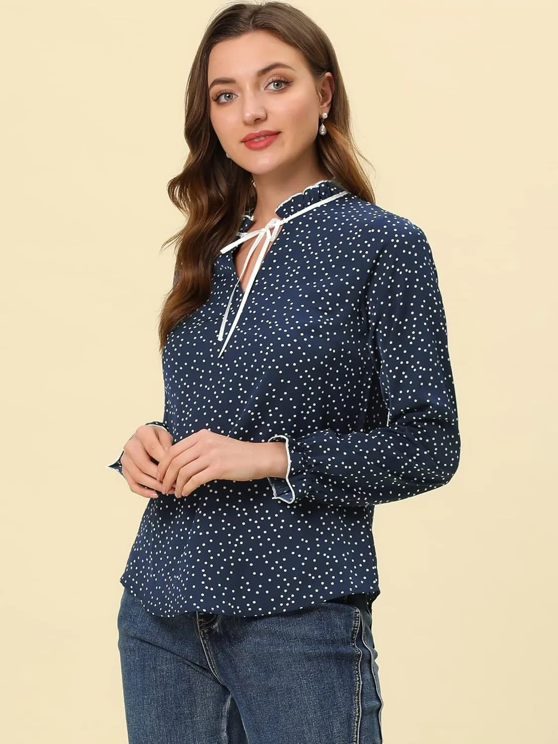 Allegra K Women's Bow Tie Neck Blouse Ruffled Collar Printed Long Sleeve Vintage Top