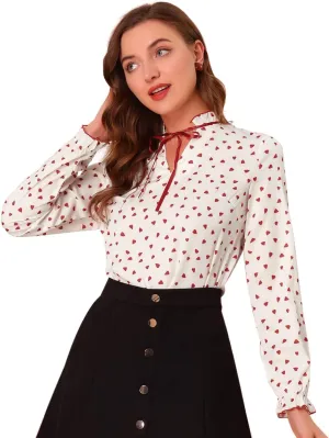 Allegra K Women's Bow Tie Neck Blouse Ruffled Collar Printed Long Sleeve Vintage Top