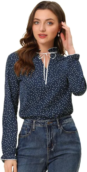 Allegra K Women's Bow Tie Neck Blouse Ruffled Collar Printed Long Sleeve Vintage Top