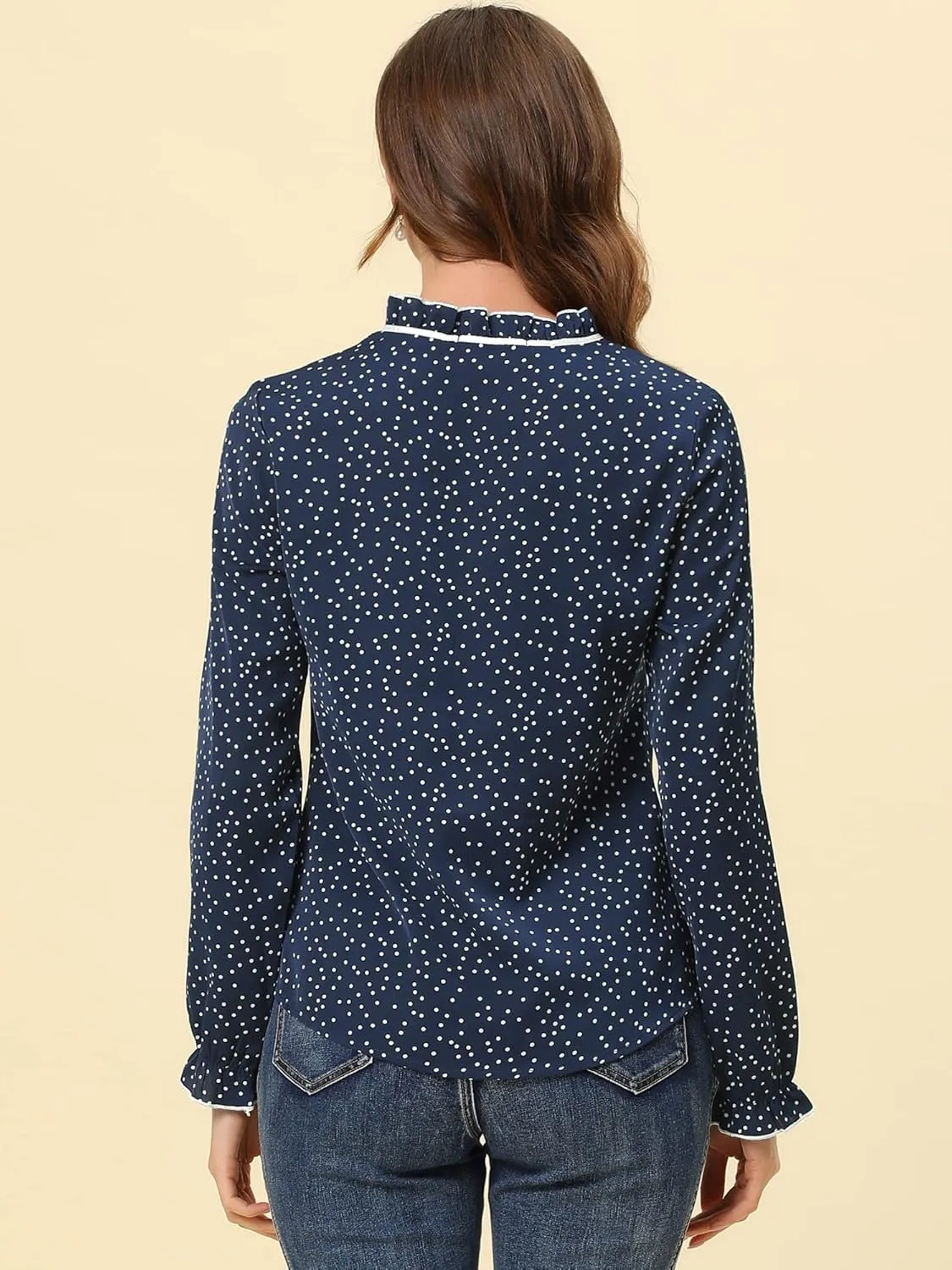 Allegra K Women's Bow Tie Neck Blouse Ruffled Collar Printed Long Sleeve Vintage Top