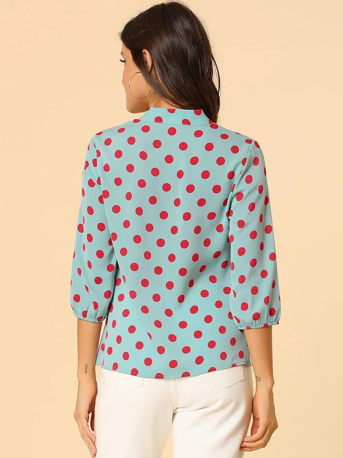 Allegra K Women's Printed Ruffle Shoulder Elastic Cuff Bow Tie Neck Blouse