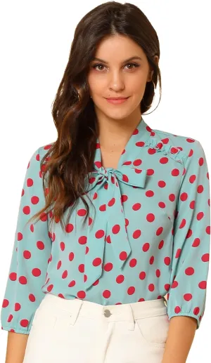Allegra K Women's Printed Ruffle Shoulder Elastic Cuff Bow Tie Neck Blouse