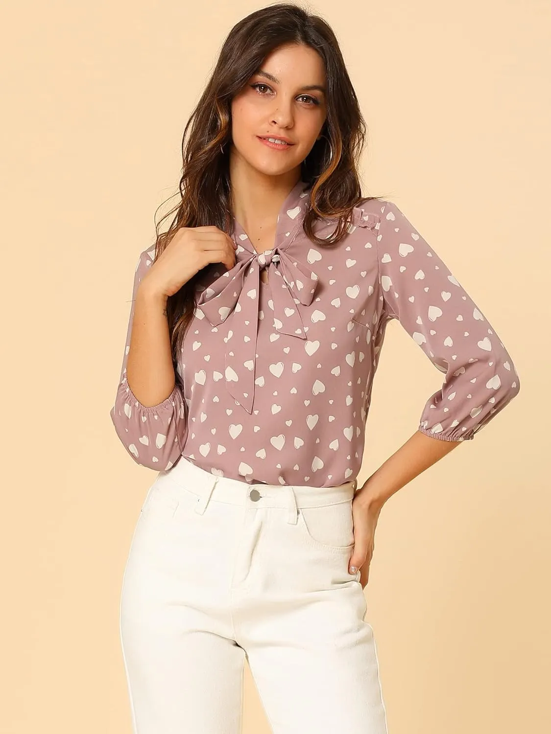 Allegra K Women's Printed Ruffle Shoulder Elastic Cuff Bow Tie Neck Blouse
