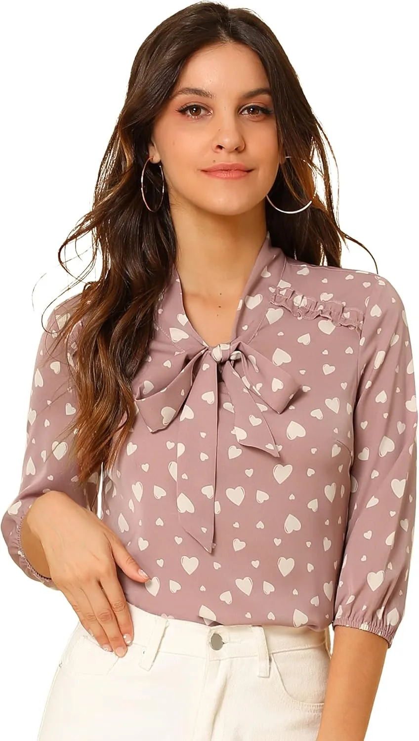 Allegra K Women's Printed Ruffle Shoulder Elastic Cuff Bow Tie Neck Blouse