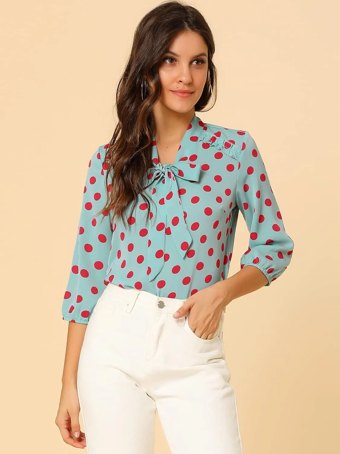 Allegra K Women's Printed Ruffle Shoulder Elastic Cuff Bow Tie Neck Blouse
