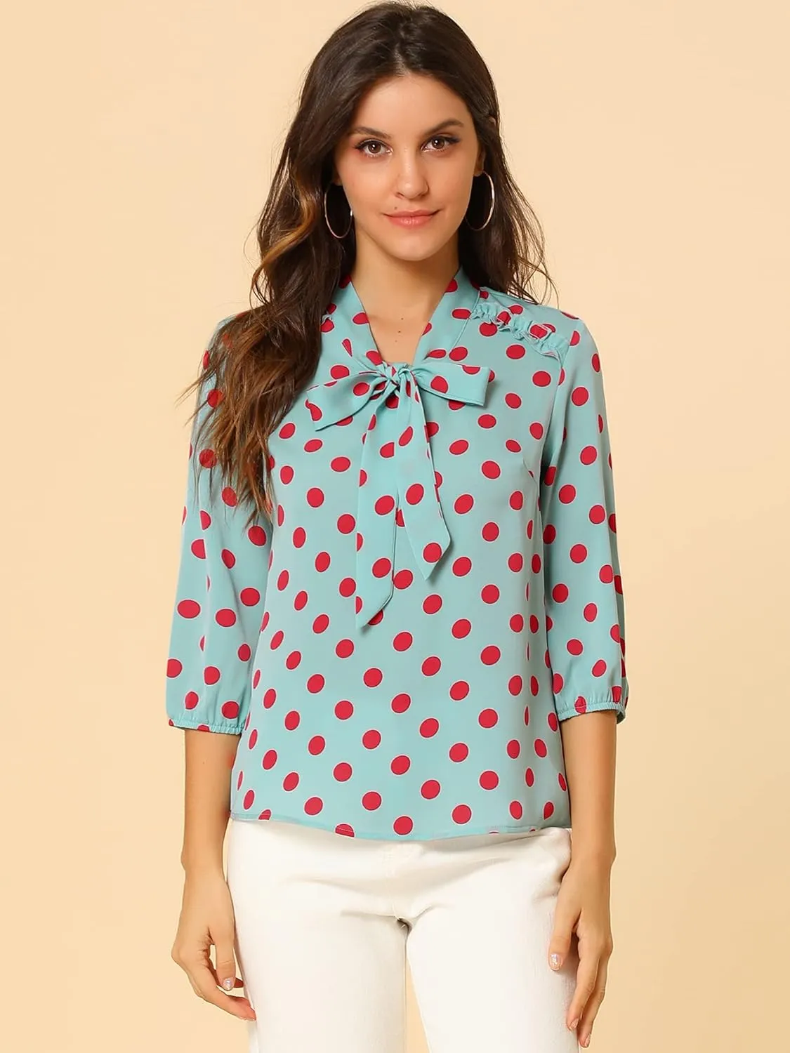 Allegra K Women's Printed Ruffle Shoulder Elastic Cuff Bow Tie Neck Blouse