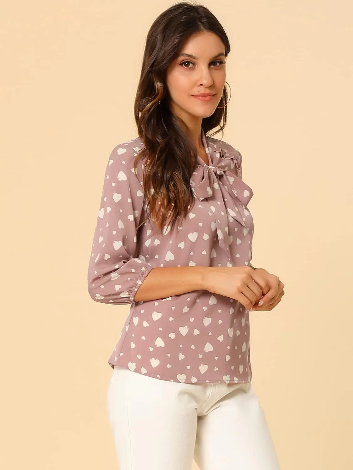 Allegra K Women's Printed Ruffle Shoulder Elastic Cuff Bow Tie Neck Blouse