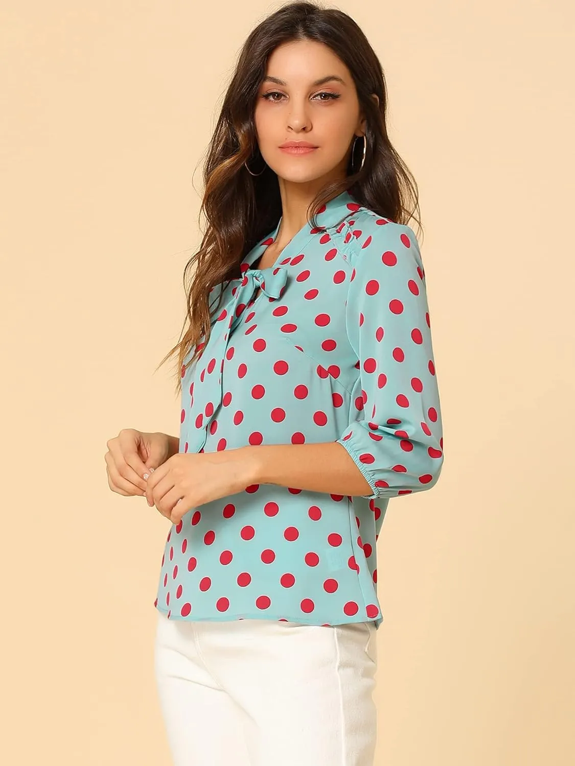 Allegra K Women's Printed Ruffle Shoulder Elastic Cuff Bow Tie Neck Blouse