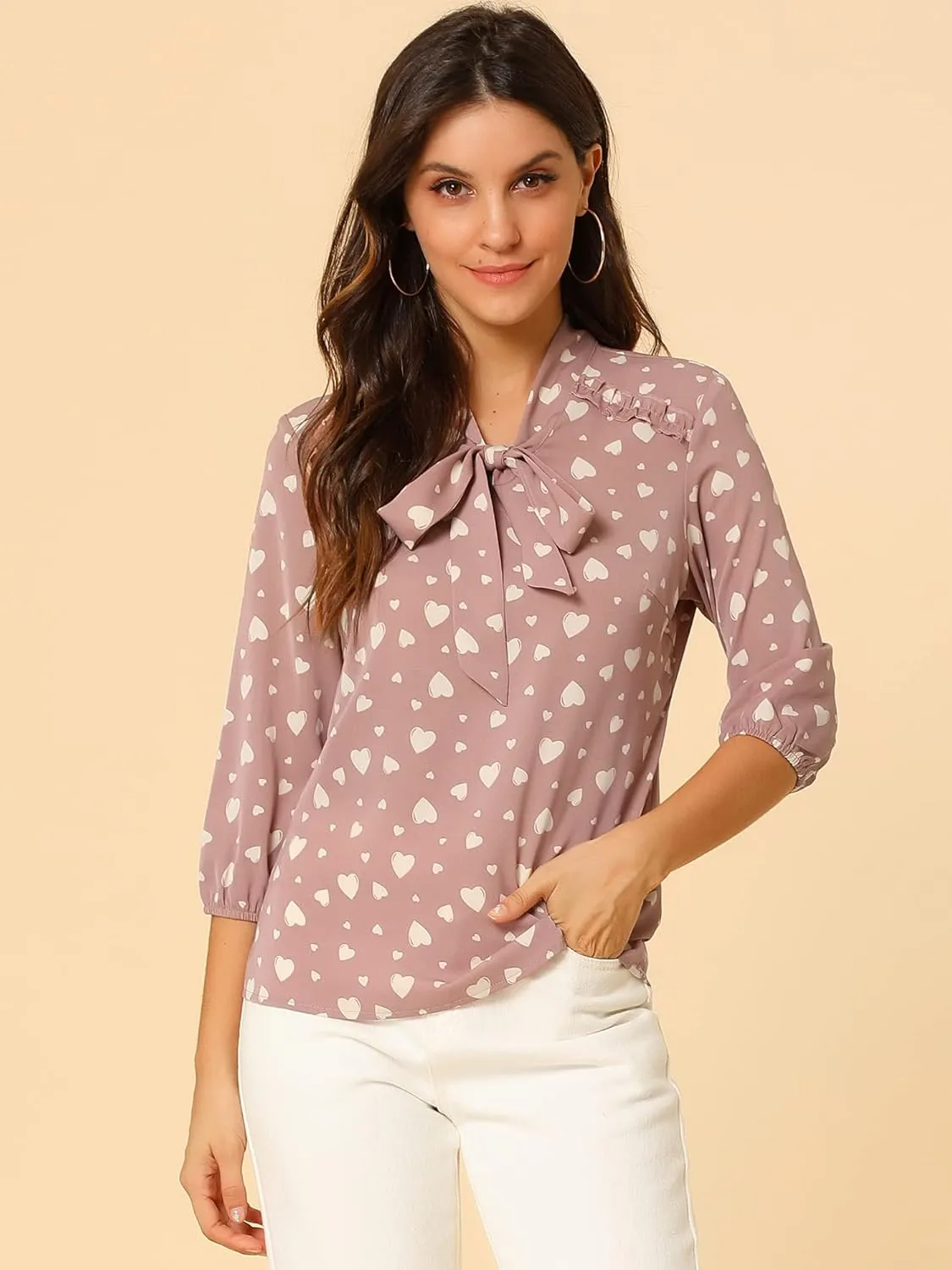 Allegra K Women's Printed Ruffle Shoulder Elastic Cuff Bow Tie Neck Blouse