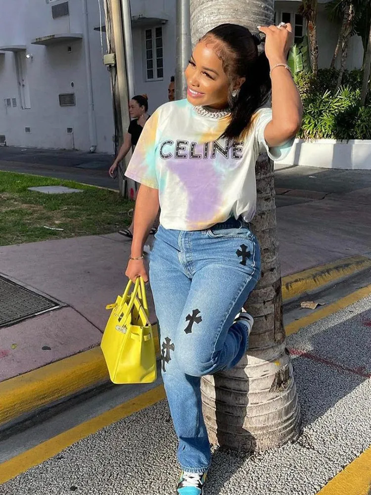 Amy Fashion - Casual Cross Printed Baggy Jeans
