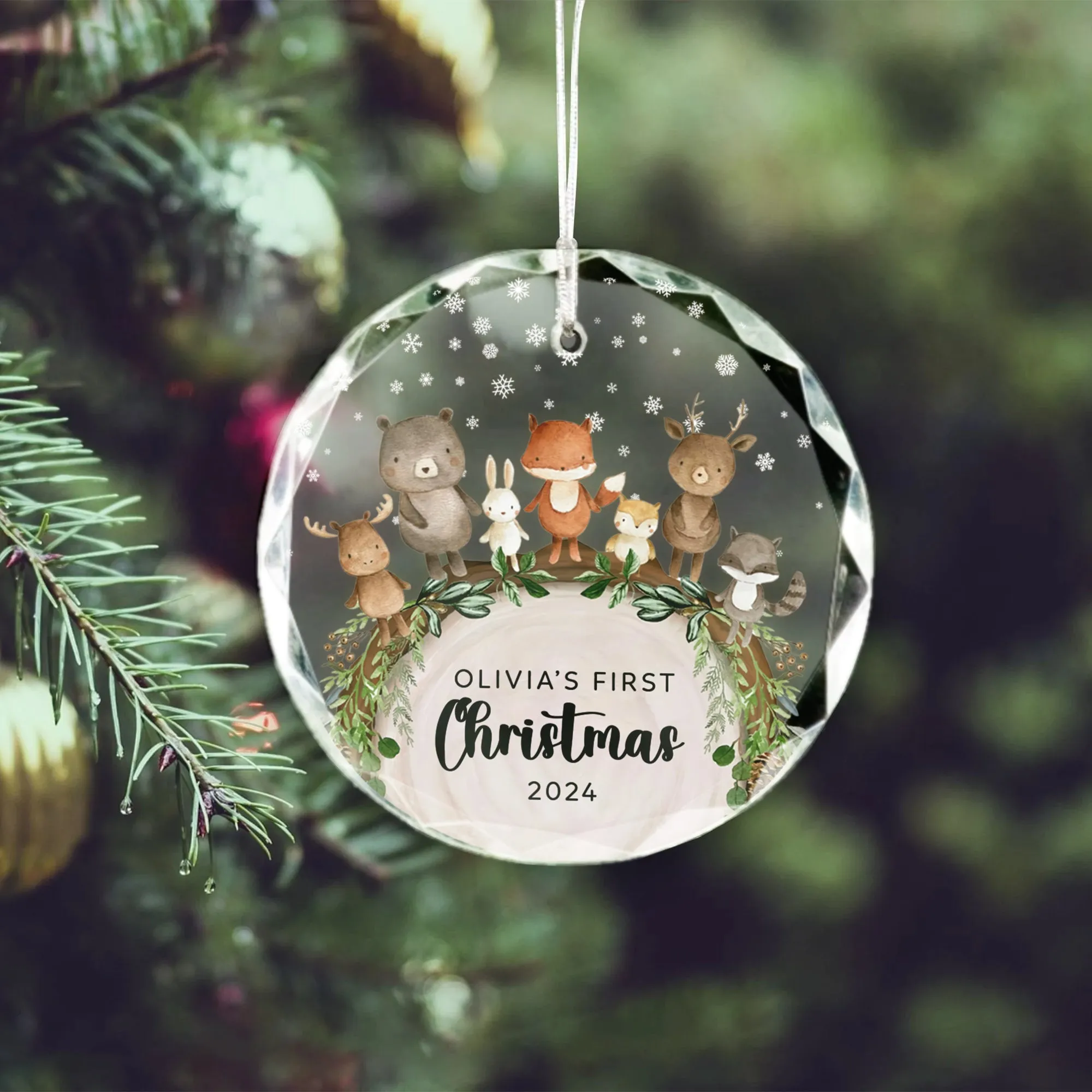 Baby's 1st Christmas Glass Ornament, Personalized Woodland Creatures, Baby Deer Ornament, Holiday Keepsake Ornament, New Baby Gift, 2024 Custom Baby Ornament GX06-12