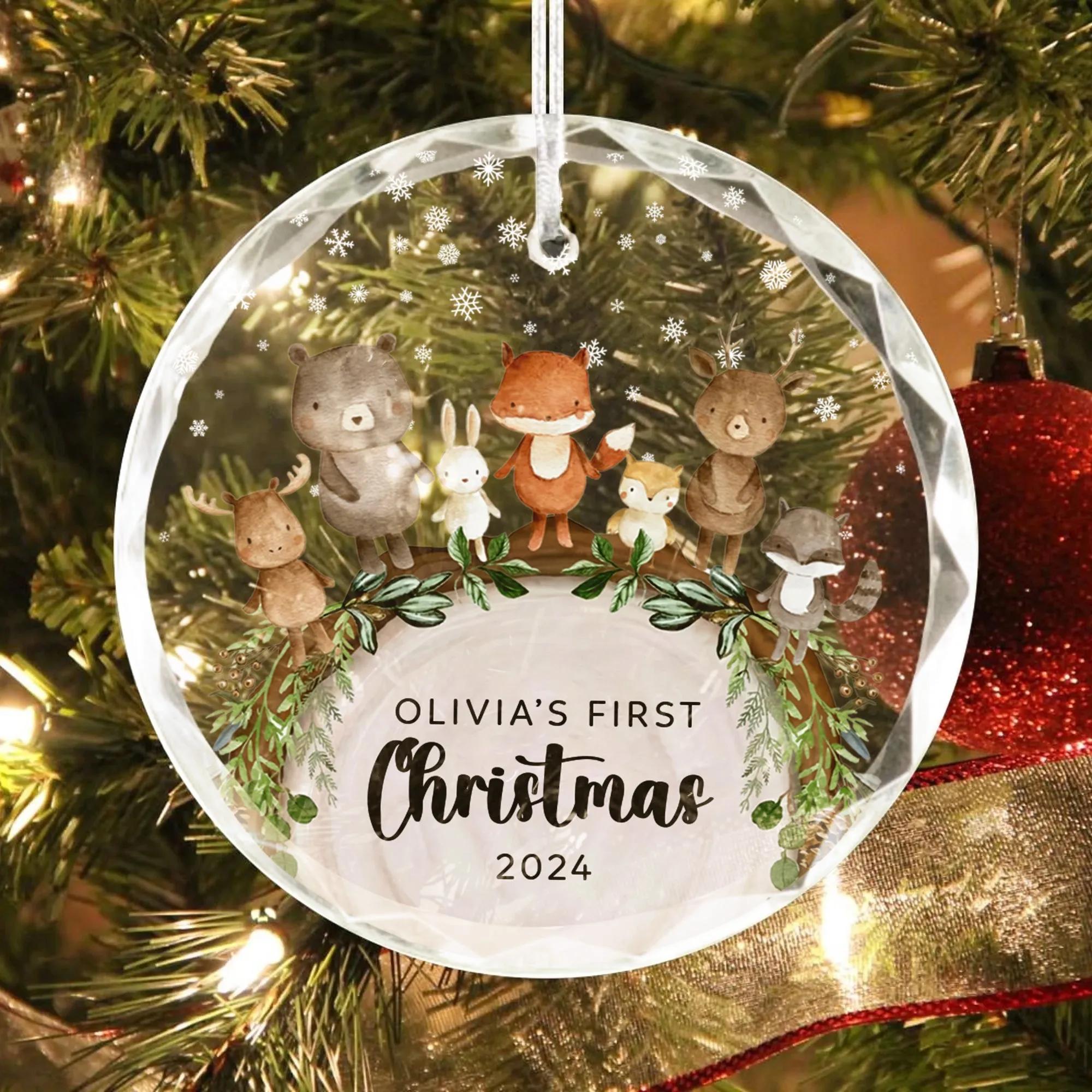 Baby's 1st Christmas Glass Ornament, Personalized Woodland Creatures, Baby Deer Ornament, Holiday Keepsake Ornament, New Baby Gift, 2024 Custom Baby Ornament GX06-12