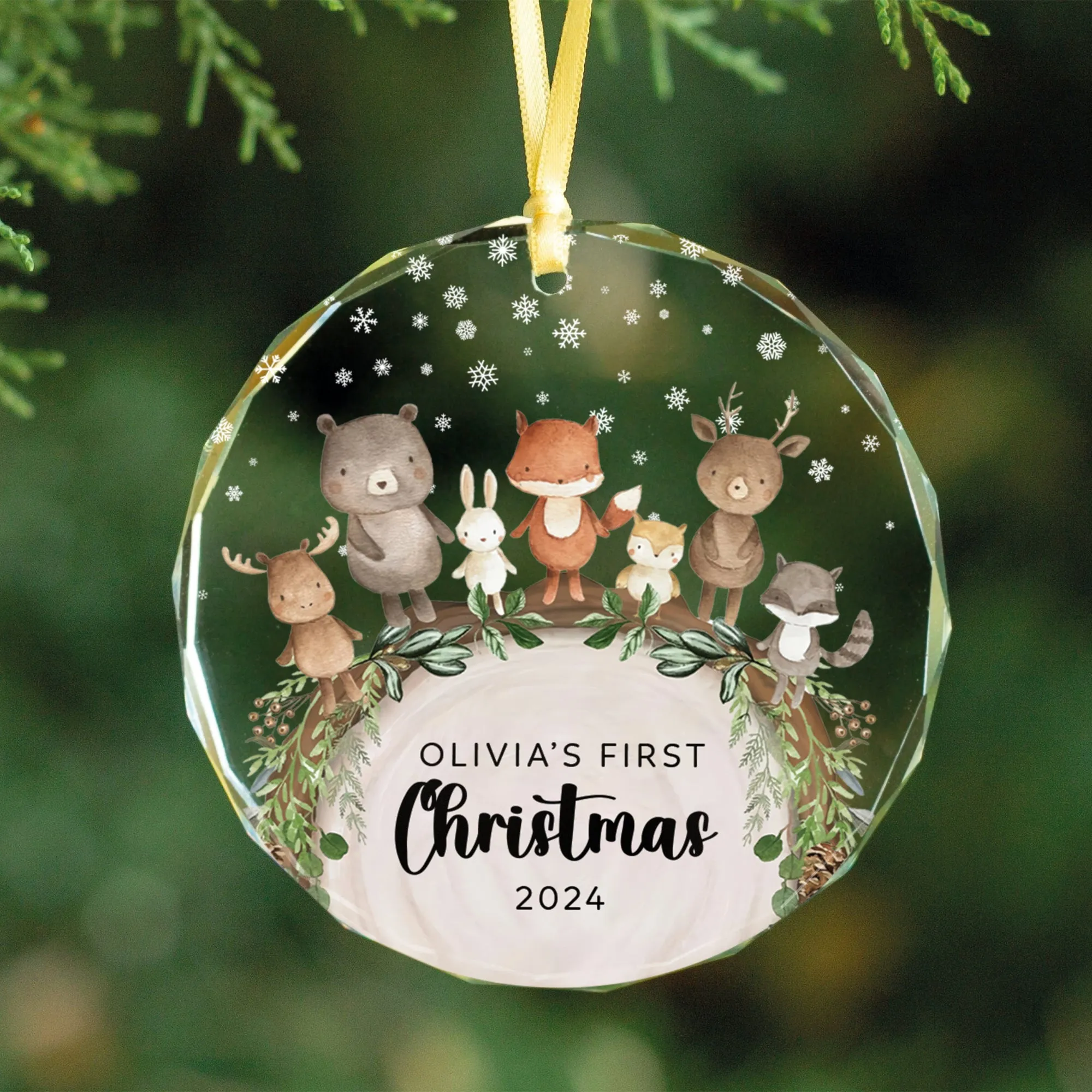 Baby's 1st Christmas Glass Ornament, Personalized Woodland Creatures, Baby Deer Ornament, Holiday Keepsake Ornament, New Baby Gift, 2024 Custom Baby Ornament GX06-12