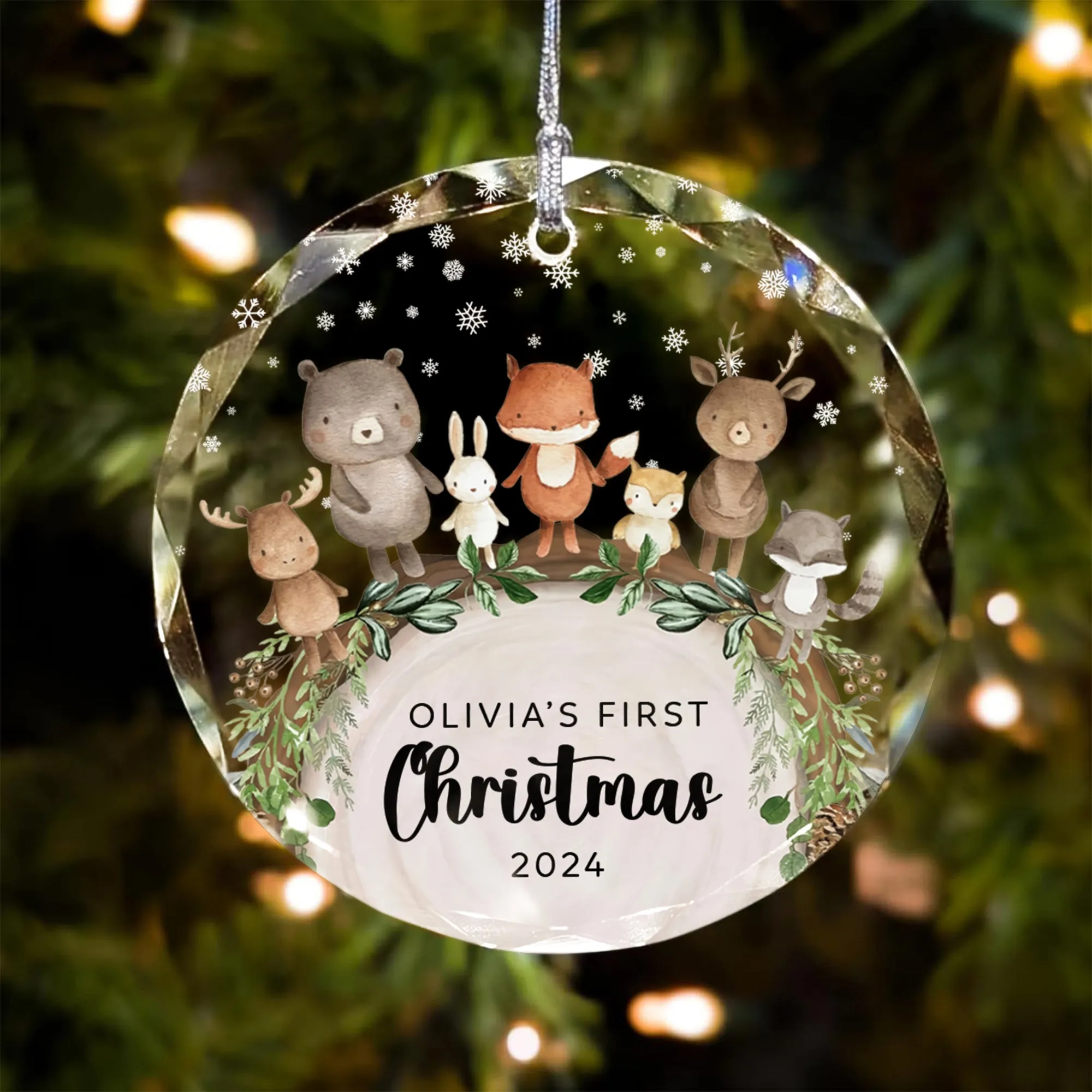 Baby's 1st Christmas Glass Ornament, Personalized Woodland Creatures, Baby Deer Ornament, Holiday Keepsake Ornament, New Baby Gift, 2024 Custom Baby Ornament GX06-12