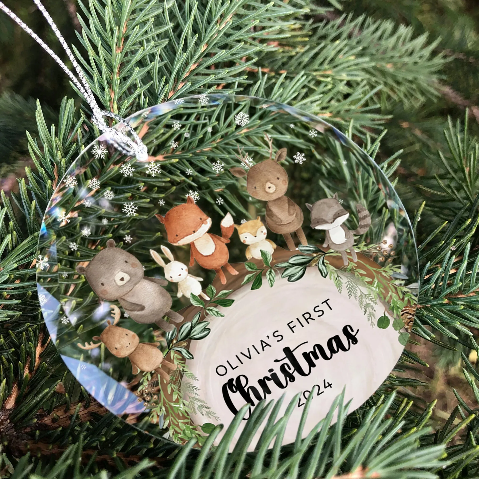 Baby's 1st Christmas Glass Ornament, Personalized Woodland Creatures, Baby Deer Ornament, Holiday Keepsake Ornament, New Baby Gift, 2024 Custom Baby Ornament GX06-12