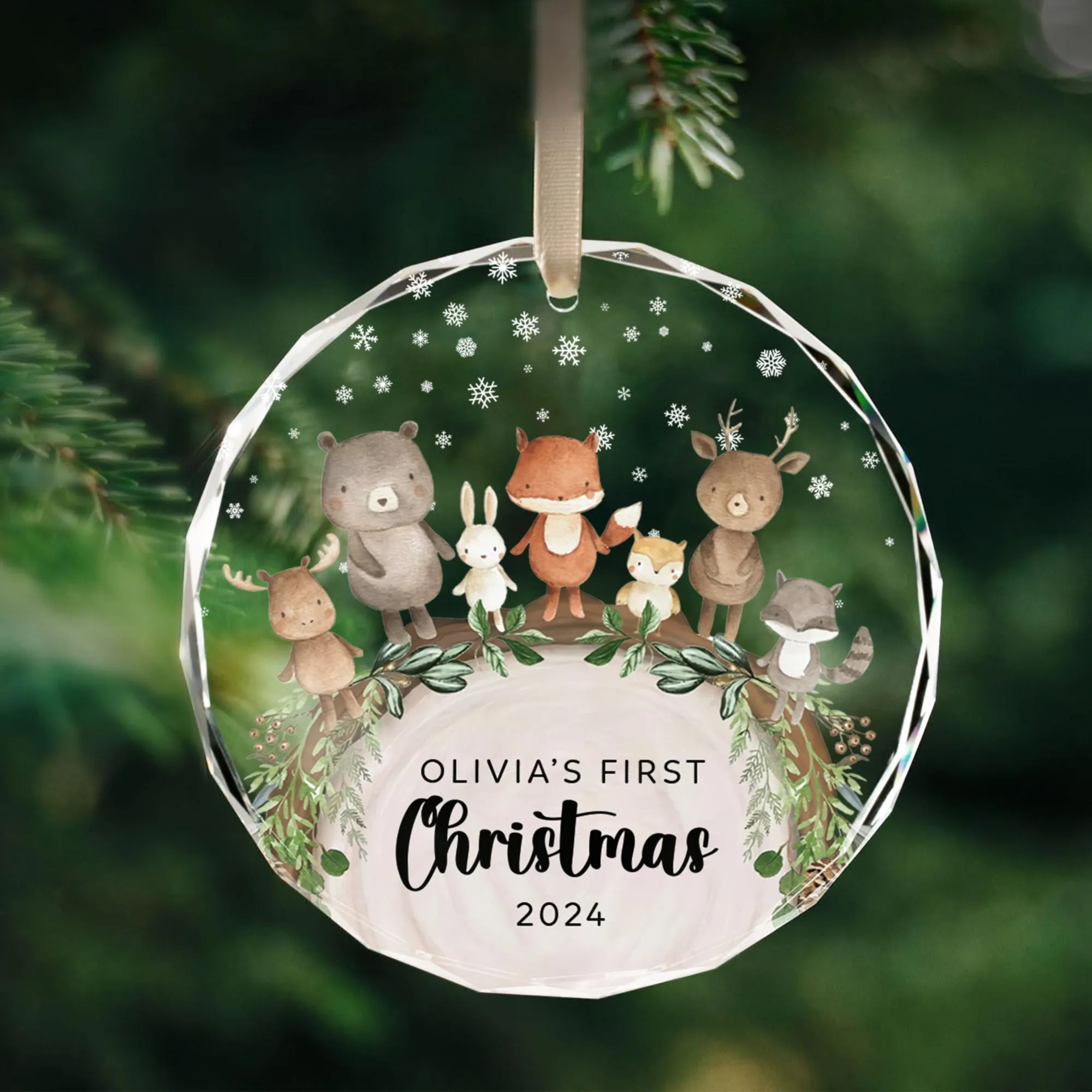 Baby's 1st Christmas Glass Ornament, Personalized Woodland Creatures, Baby Deer Ornament, Holiday Keepsake Ornament, New Baby Gift, 2024 Custom Baby Ornament GX06-12