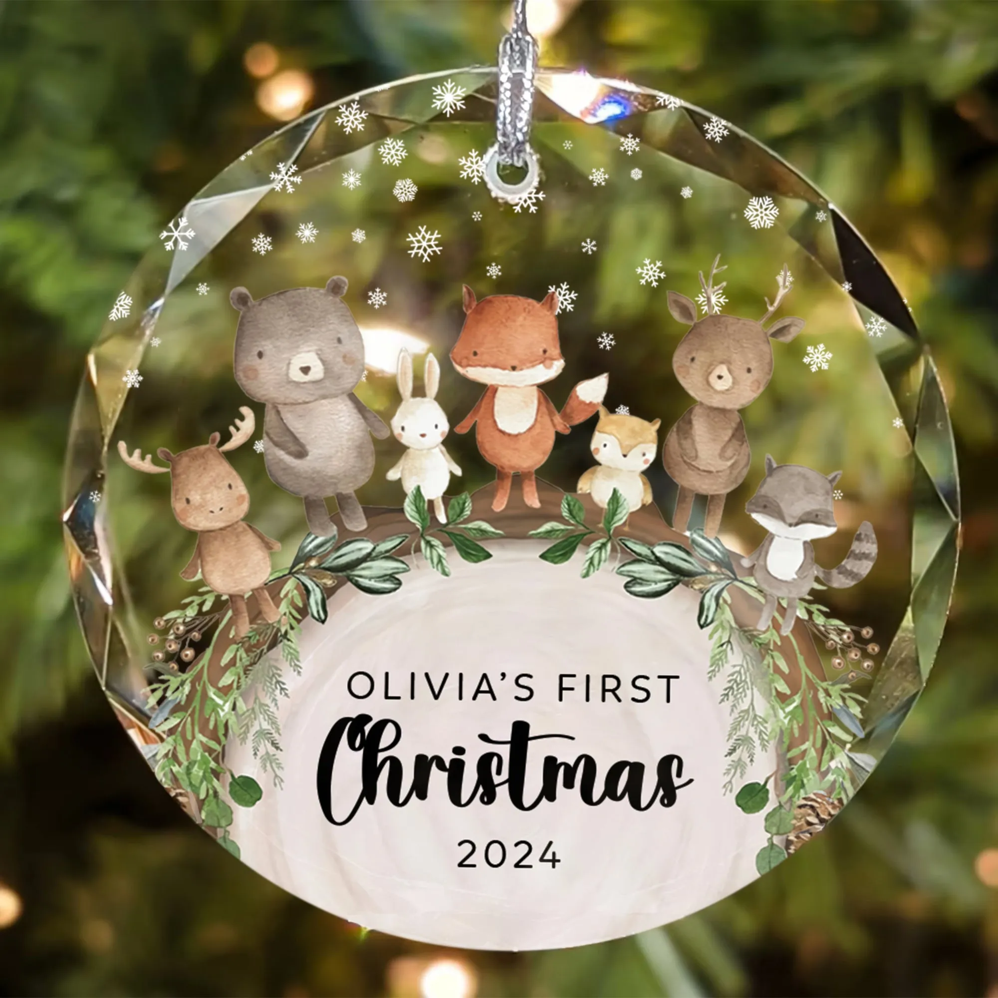 Baby's 1st Christmas Glass Ornament, Personalized Woodland Creatures, Baby Deer Ornament, Holiday Keepsake Ornament, New Baby Gift, 2024 Custom Baby Ornament GX06-12
