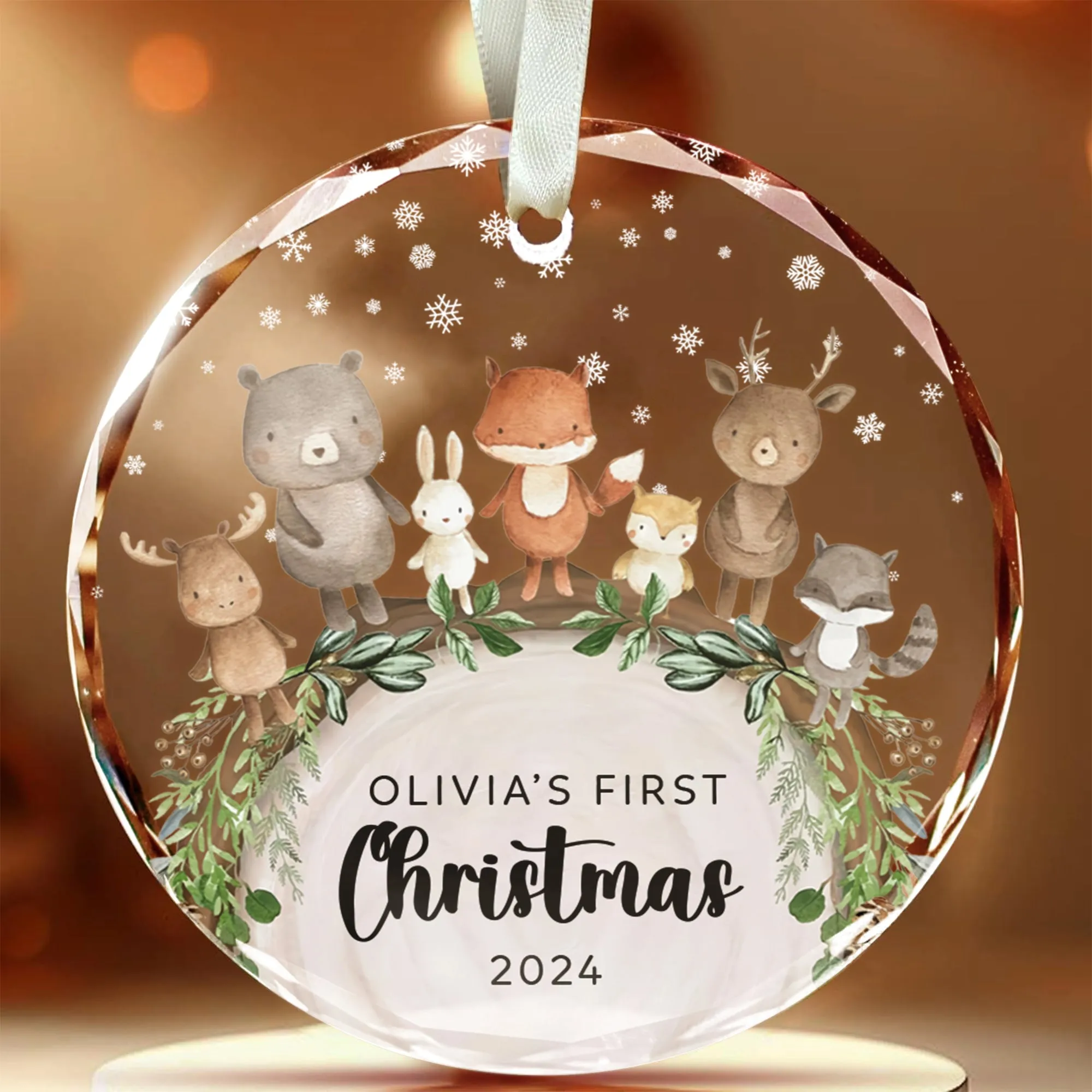 Baby's 1st Christmas Glass Ornament, Personalized Woodland Creatures, Baby Deer Ornament, Holiday Keepsake Ornament, New Baby Gift, 2024 Custom Baby Ornament GX06-12