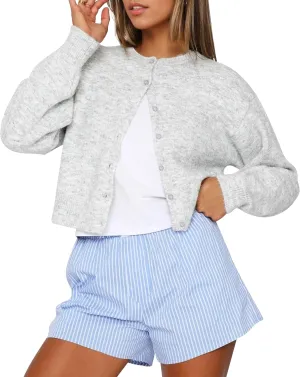 BAIGRAM Women Cute Fall Button Up Open Front Cardigan Lightweight Long Sleeve Crop Sweater Tops Knit Pullover 2024
