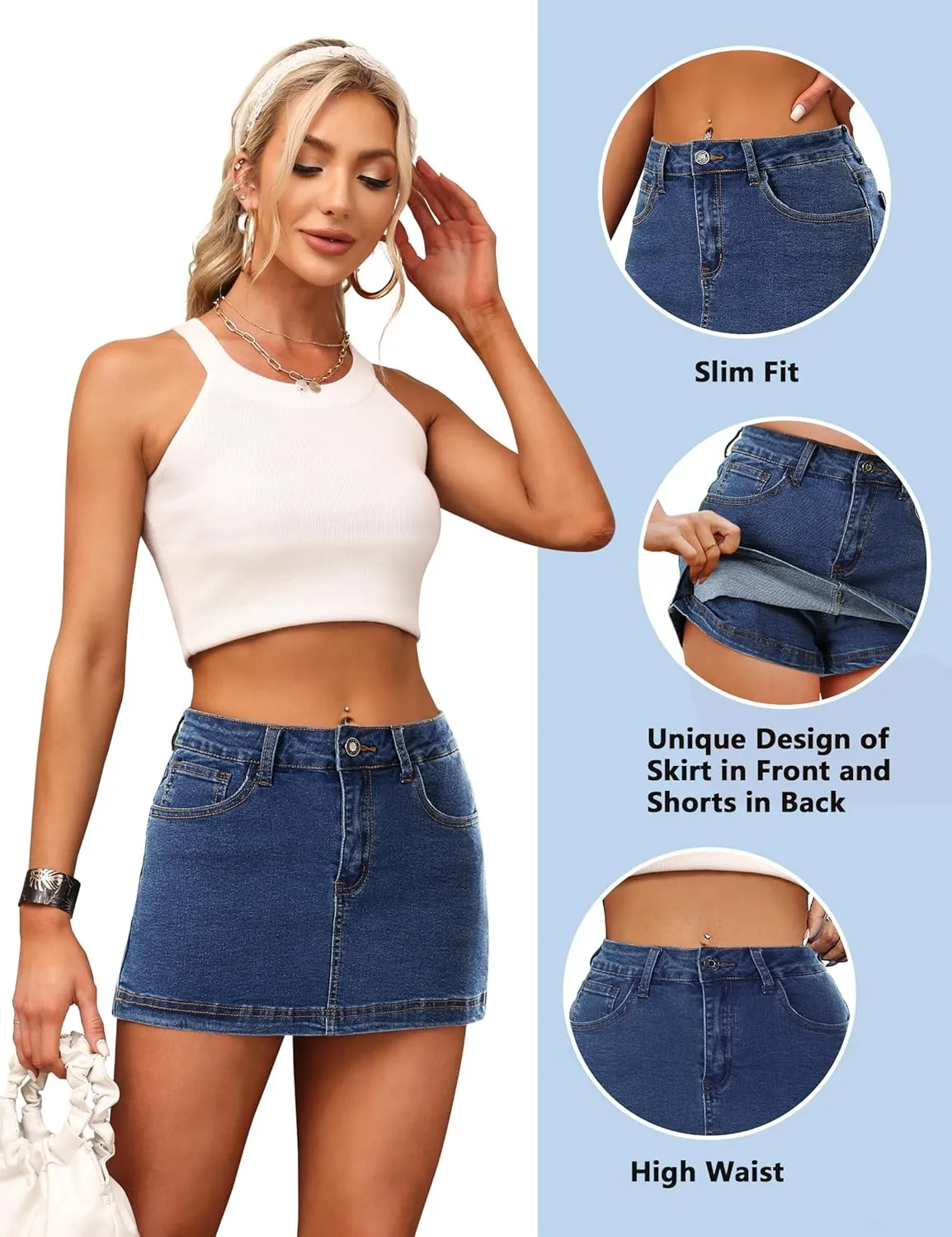BISUAL Denim Skort for Women High Waist Mini Denim Skirt Casual Stretch Women Jean Skirt with Pockets