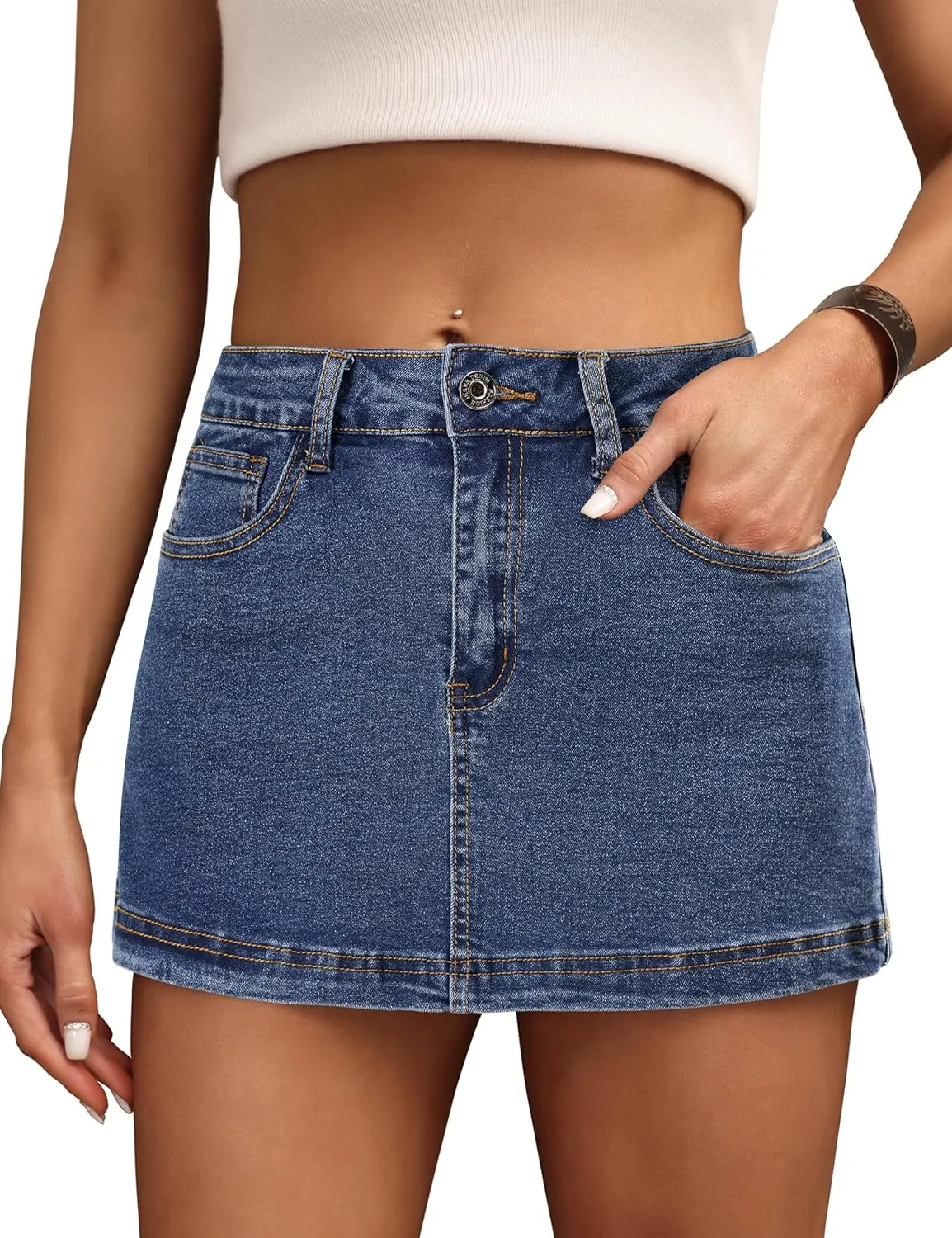 BISUAL Denim Skort for Women High Waist Mini Denim Skirt Casual Stretch Women Jean Skirt with Pockets