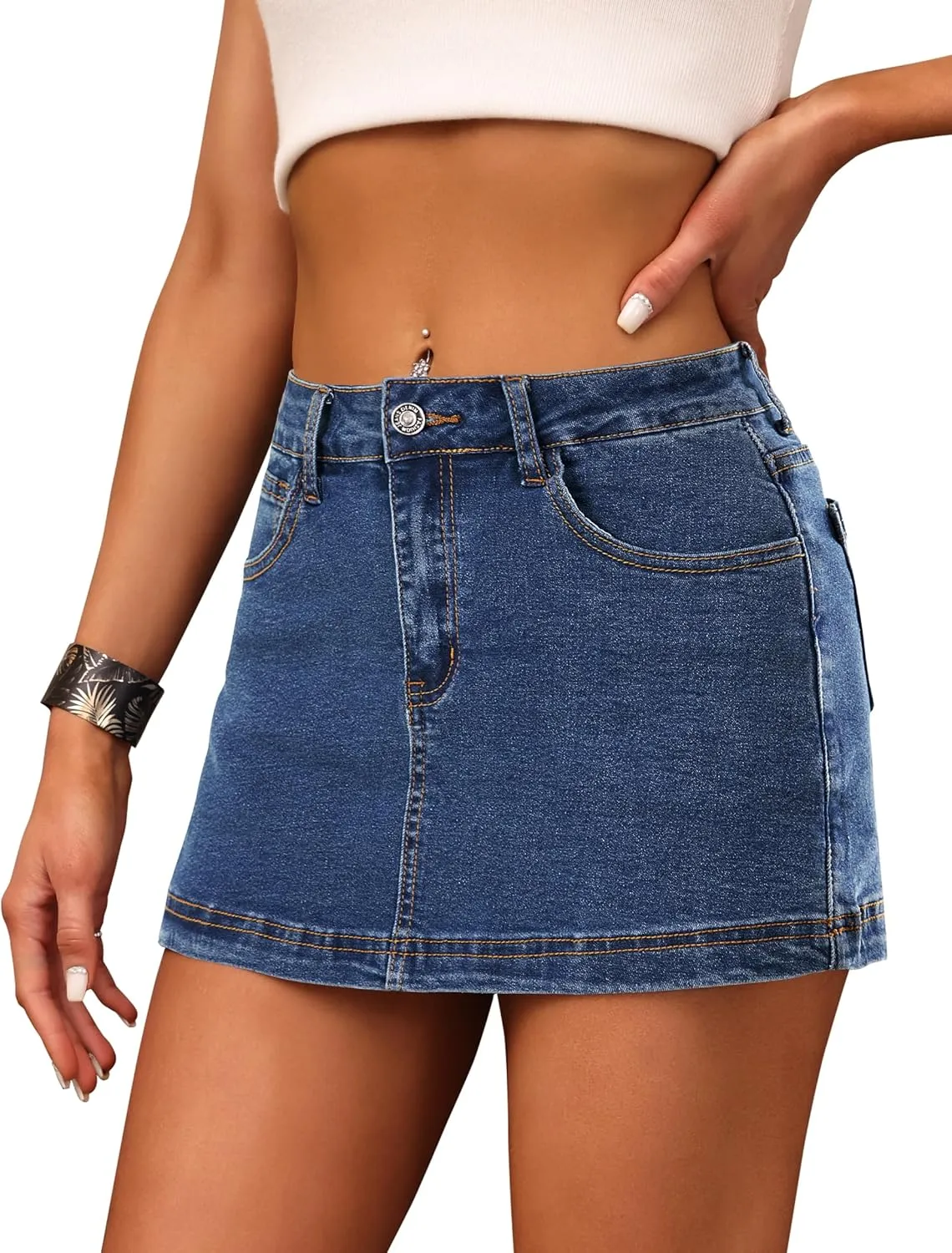 BISUAL Denim Skort for Women High Waist Mini Denim Skirt Casual Stretch Women Jean Skirt with Pockets