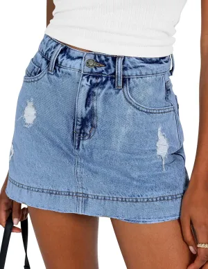 BISUAL Denim Skort for Women High Waist Ripped Mini Denim Skirt Casual Distressed Stretch Women Jean Skirt