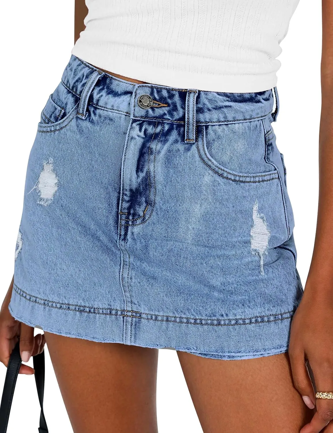 BISUAL Denim Skort for Women High Waist Ripped Mini Denim Skirt Casual Distressed Stretch Women Jean Skirt