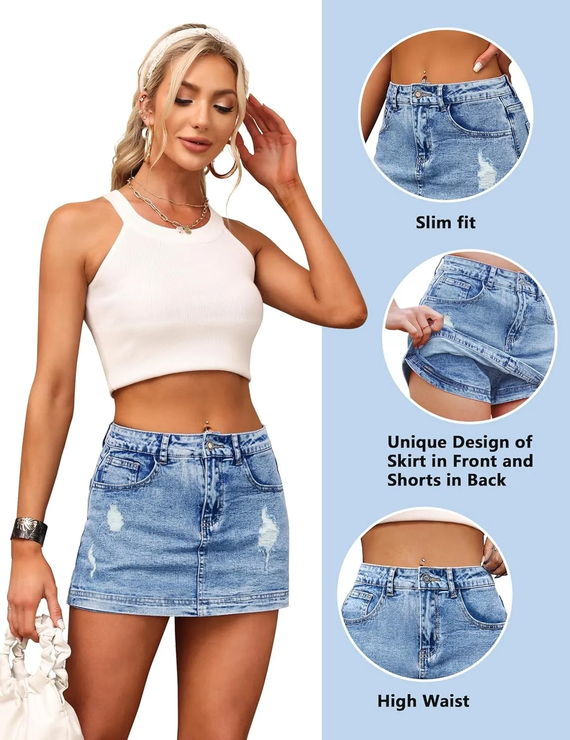 BISUAL Denim Skort for Women High Waist Ripped Mini Denim Skirt Casual Distressed Stretch Women Jean Skirt