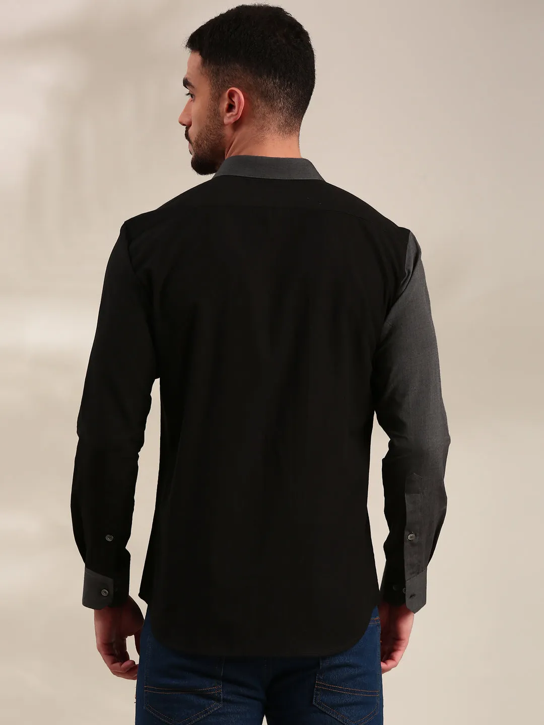 Black, Charcoal Grey & Light Grey Panelled Cotton Shirt