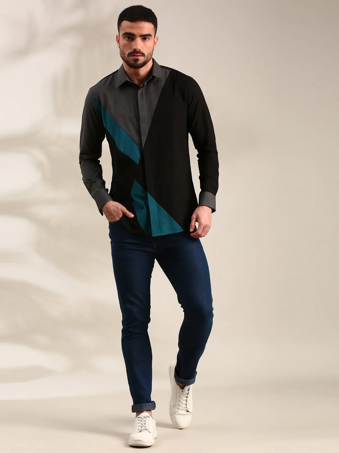 Black, Charcoal Grey & Light Grey Panelled Cotton Shirt