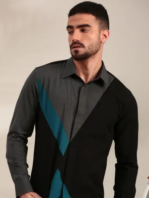 Black, Charcoal Grey & Light Grey Panelled Cotton Shirt