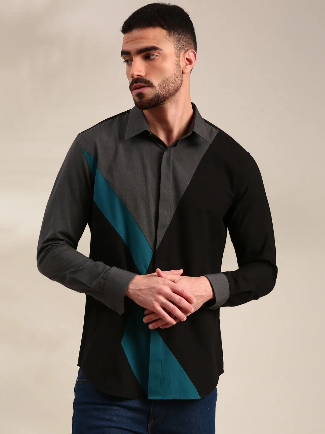 Black, Charcoal Grey & Light Grey Panelled Cotton Shirt