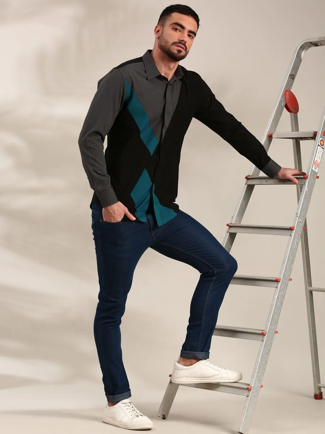 Black, Charcoal Grey & Light Grey Panelled Cotton Shirt