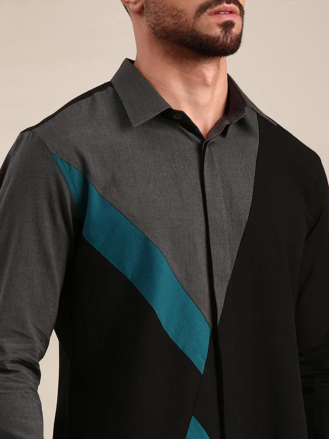 Black, Charcoal Grey & Light Grey Panelled Cotton Shirt