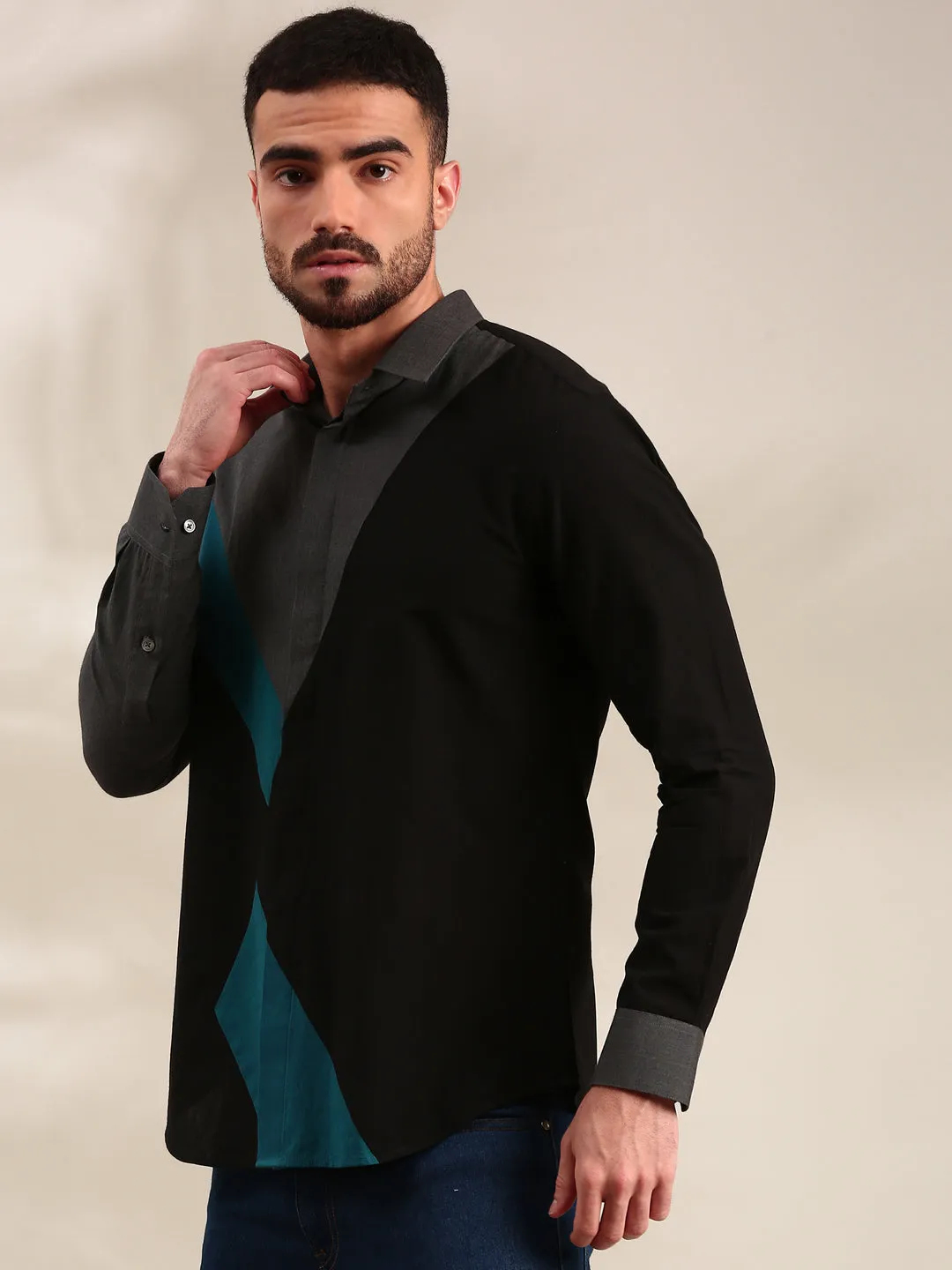 Black, Charcoal Grey & Light Grey Panelled Cotton Shirt