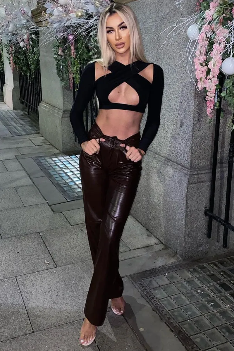 Black Slinky Cross Front Long Sleeve Crop Top - Tahlia