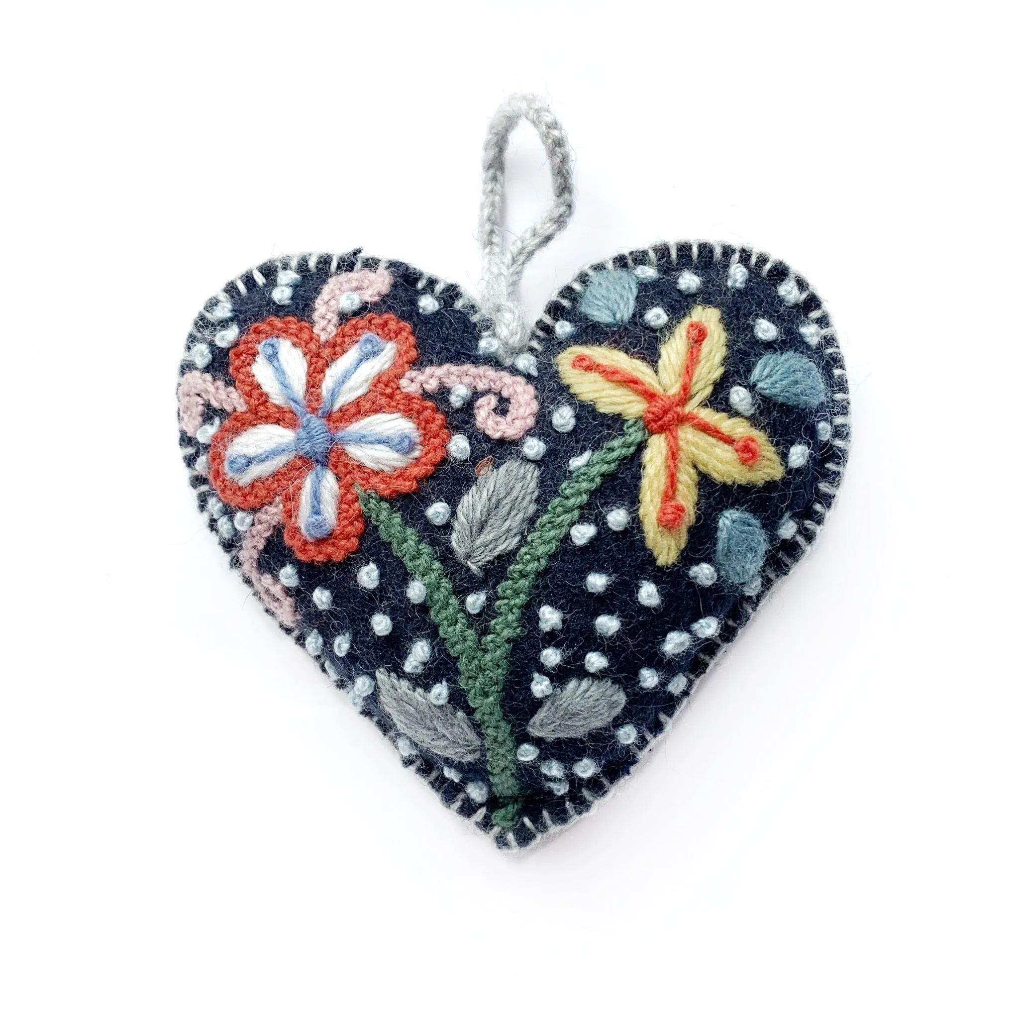 Colorful Heart Ornament (various colors), Embroidered Wool
