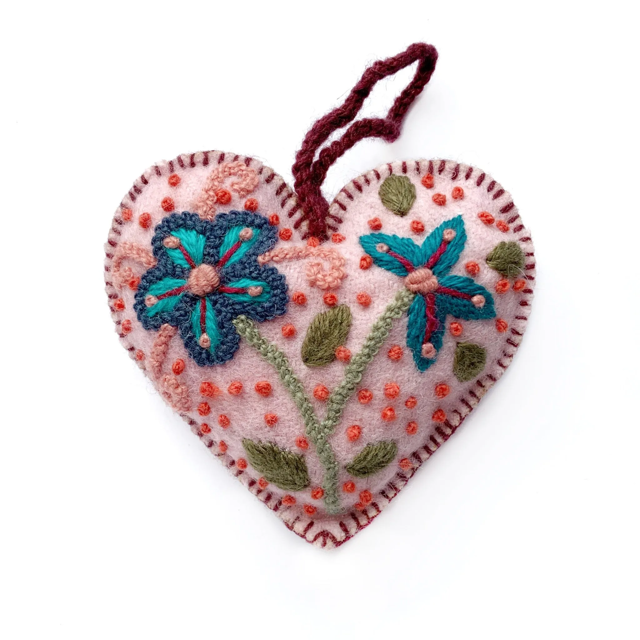 Colorful Heart Ornament (various colors), Embroidered Wool