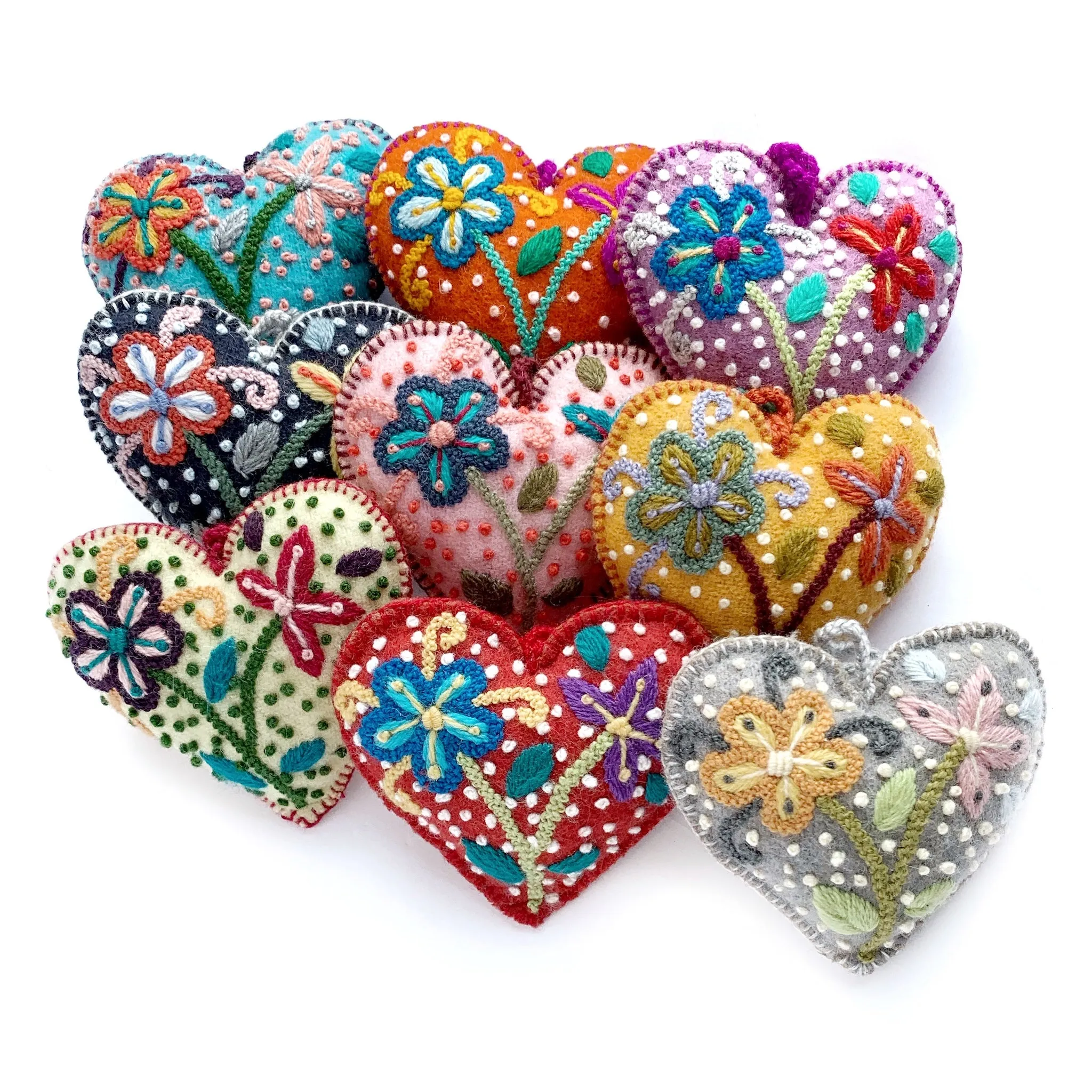 Colorful Heart Ornament (various colors), Embroidered Wool