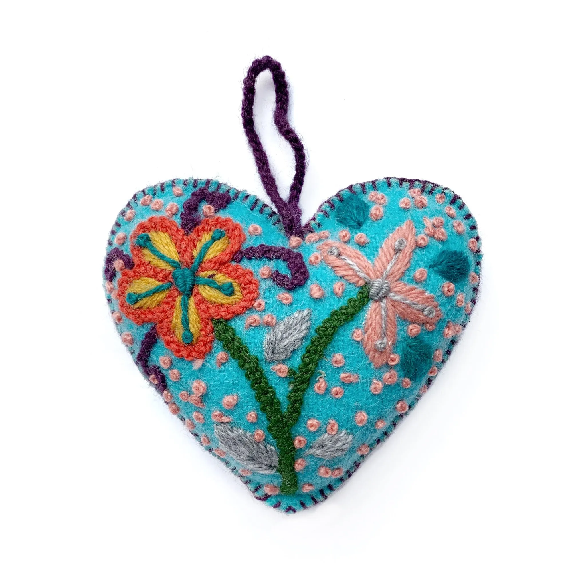 Colorful Heart Ornament (various colors), Embroidered Wool