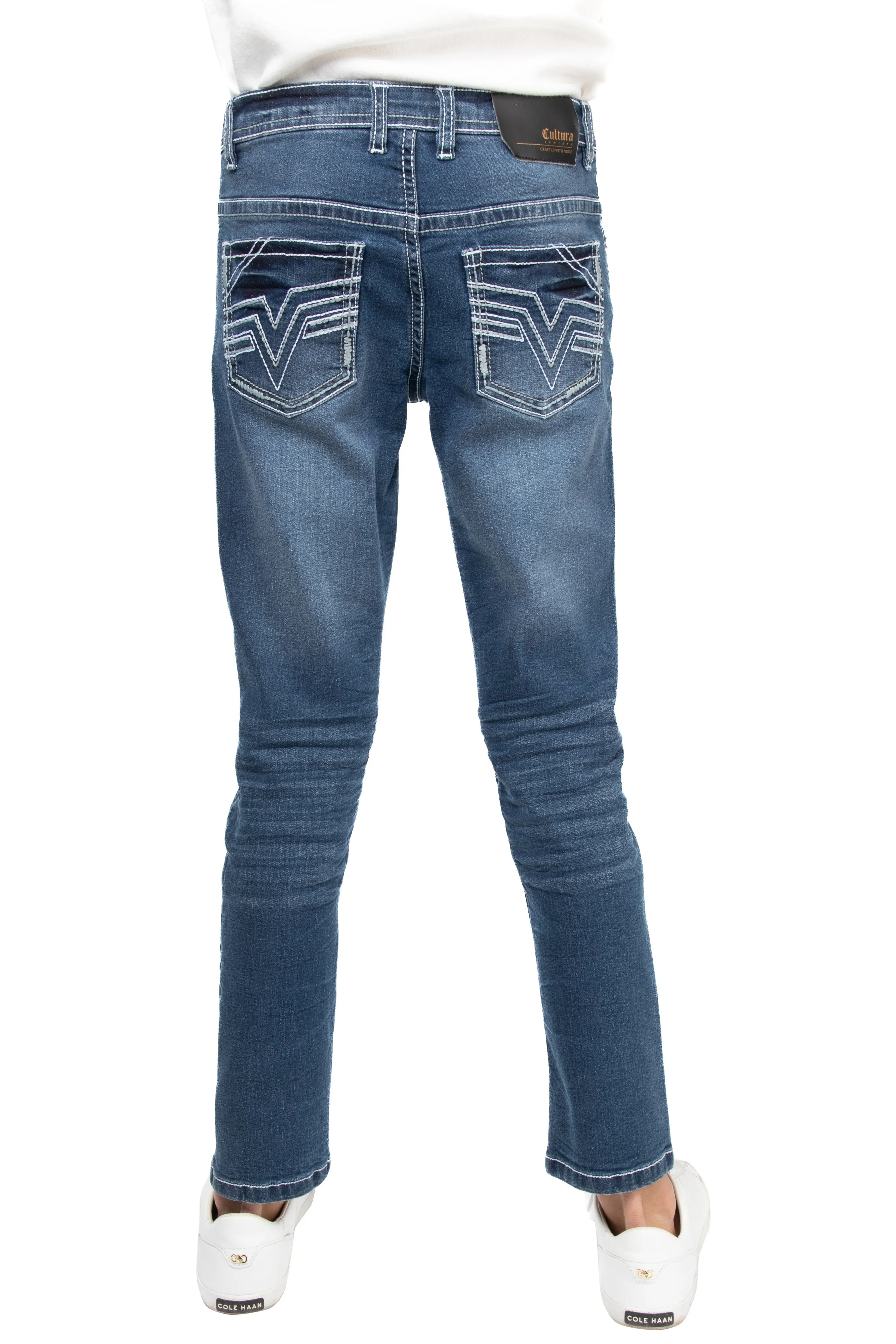CULTURA Boy's Slim Fit Washed Saddle V stitch Denim Pants