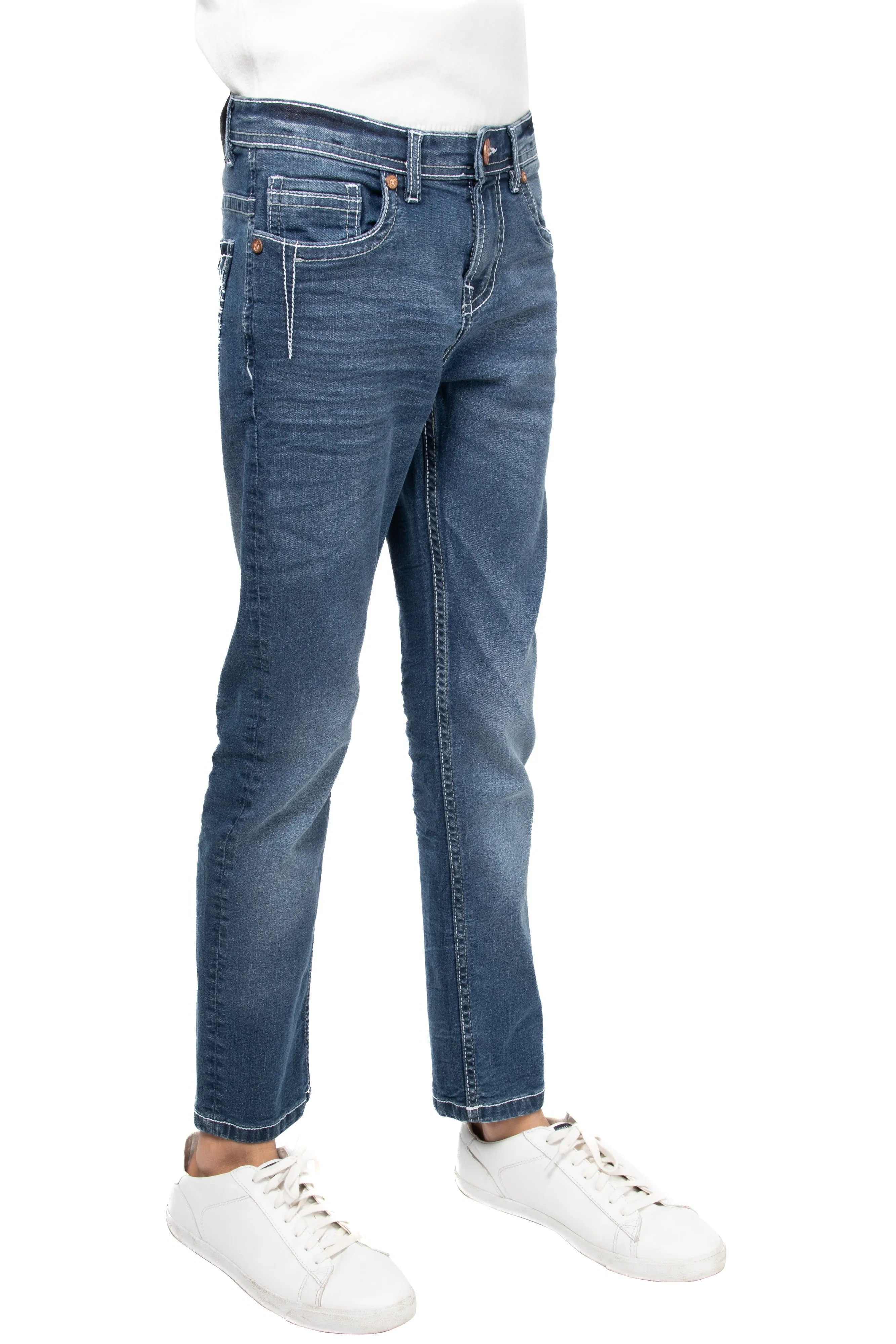 CULTURA Boy's Slim Fit Washed Saddle V stitch Denim Pants