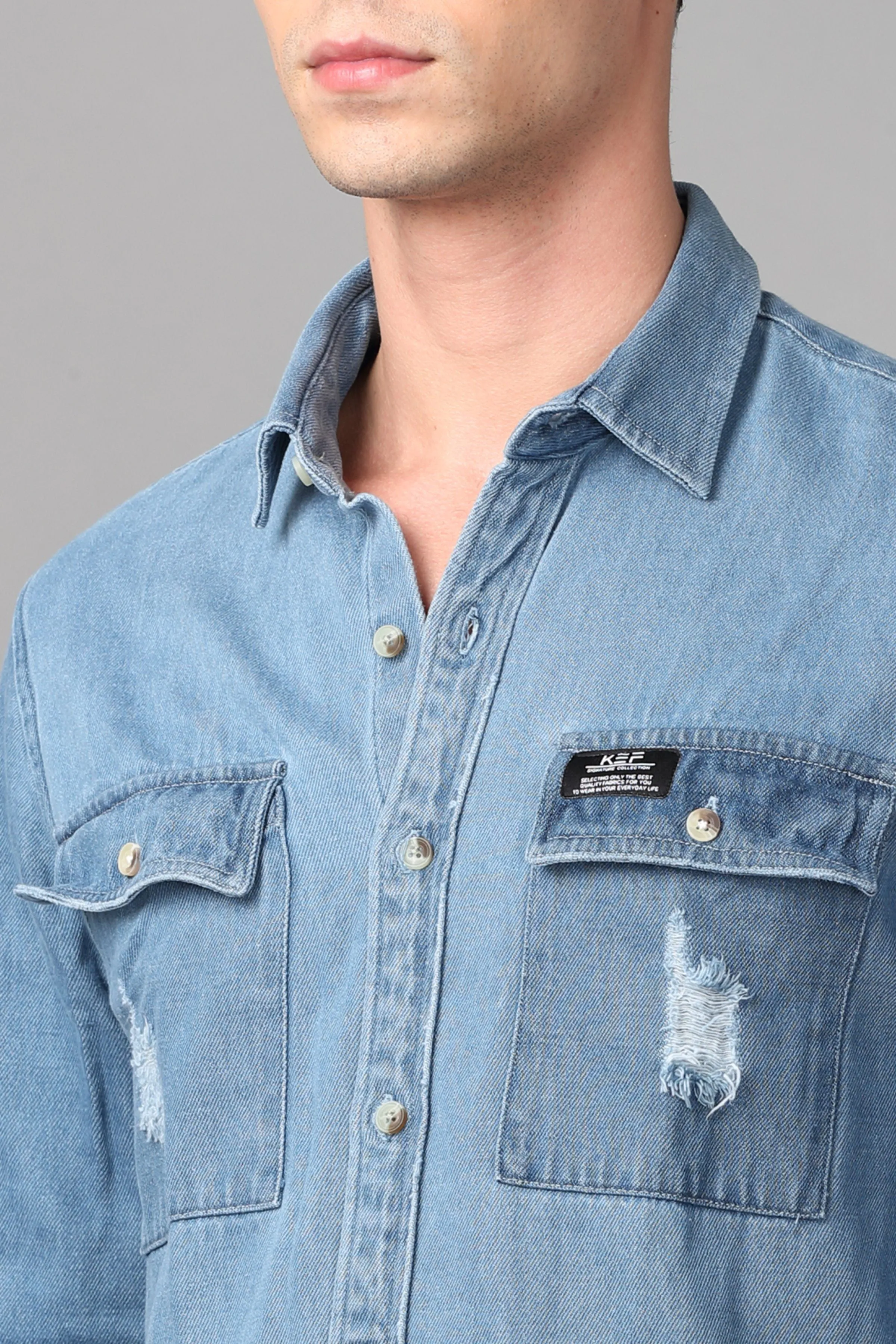 Double Pocket Ripped Denim Shirt