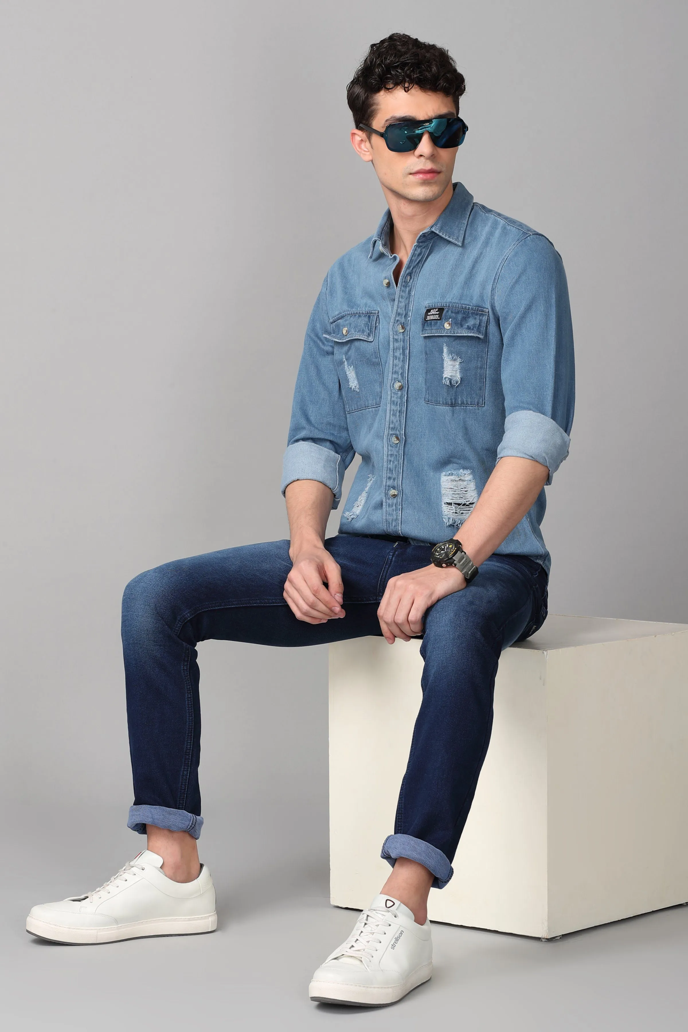 Double Pocket Ripped Denim Shirt