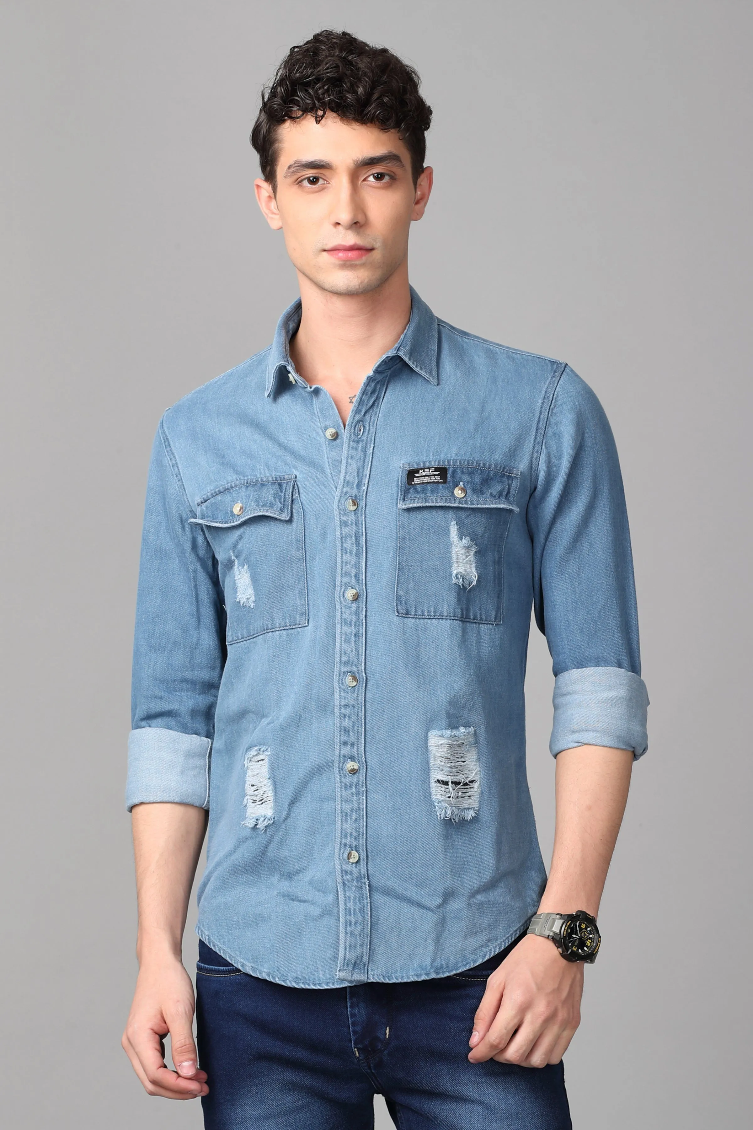 Double Pocket Ripped Denim Shirt