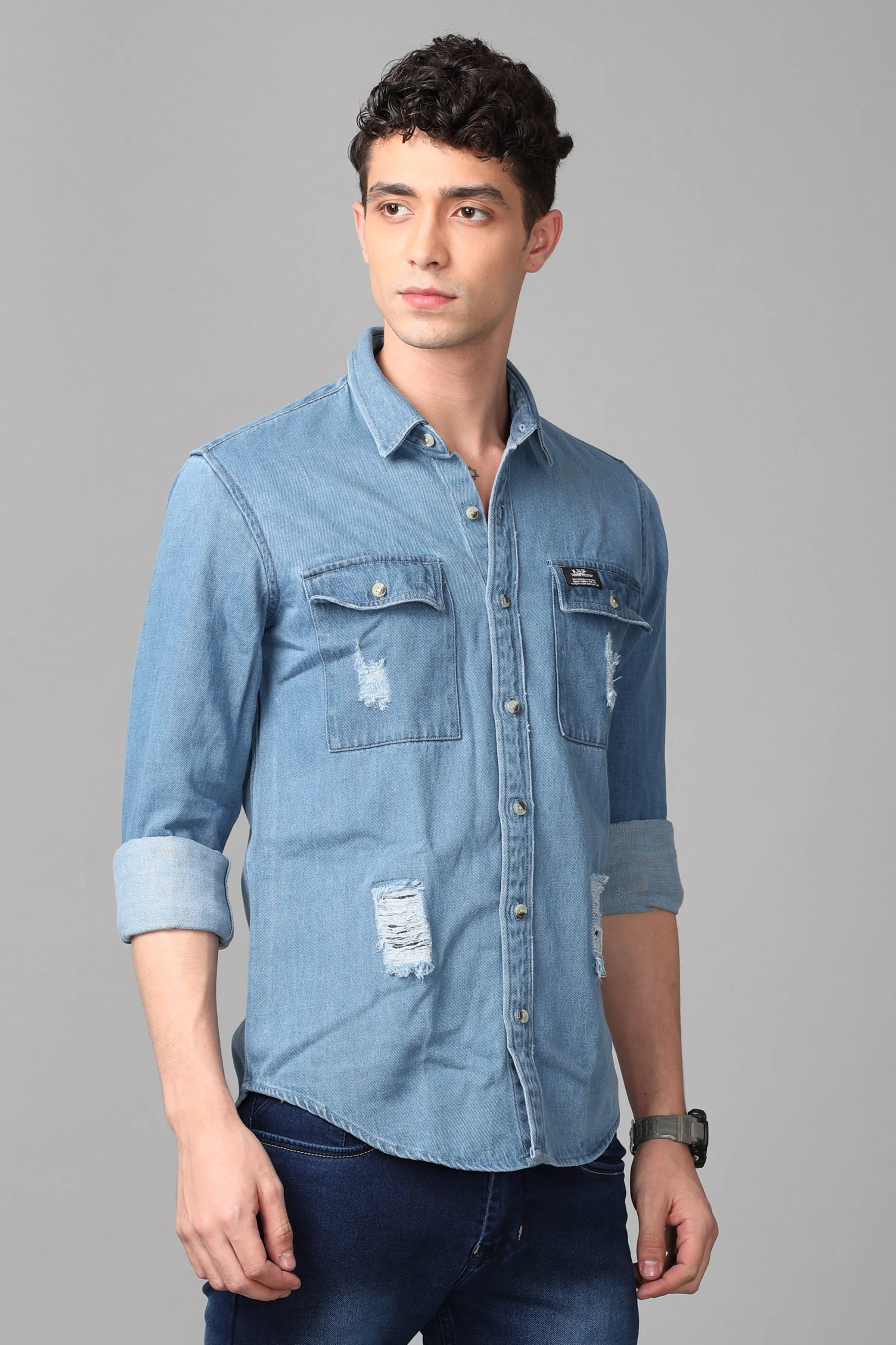 Double Pocket Ripped Denim Shirt