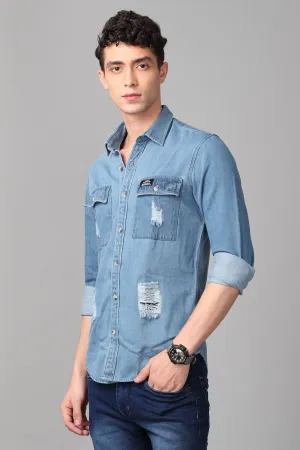 Double Pocket Ripped Denim Shirt