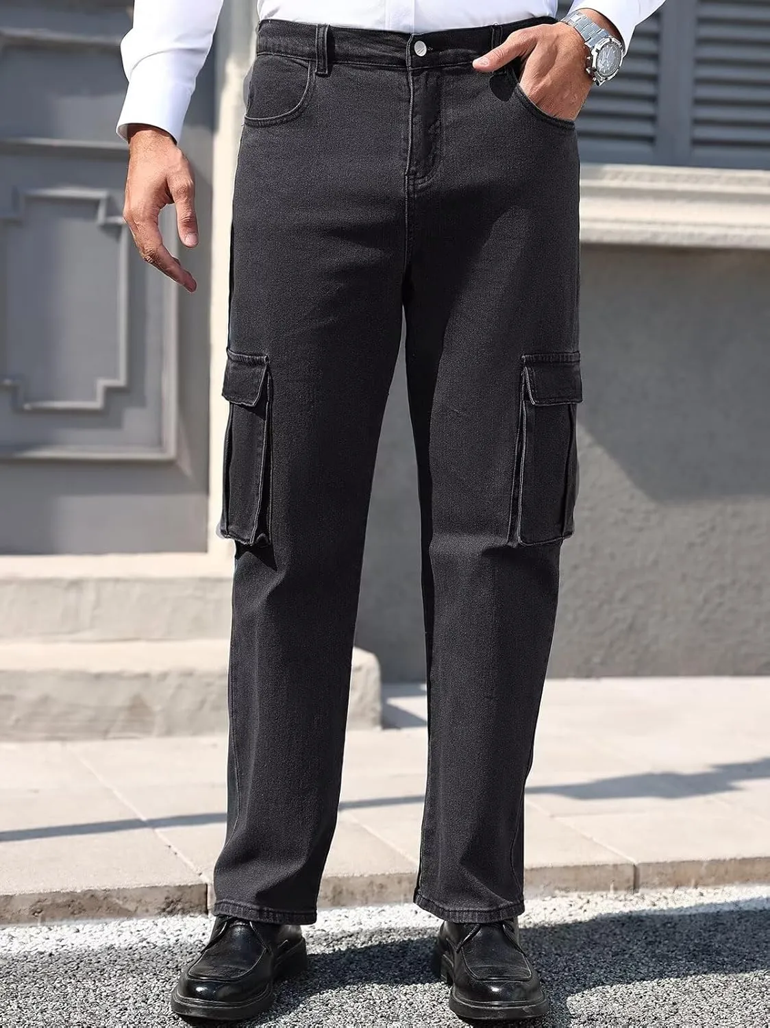 EDITCOZY Men's Cargo Jeans Elastic Waist 6 Pockets Loose Fit Carpenter Jeans Straight Leg Relaxed Fit Pants